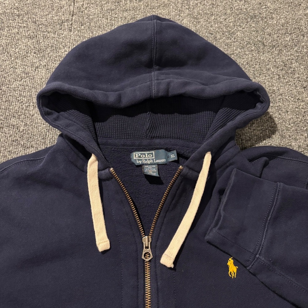 Polo Ralph Lauren Mens XL Navy Blue Full Zip Thermal Lined Hoodie Yellow Pony
